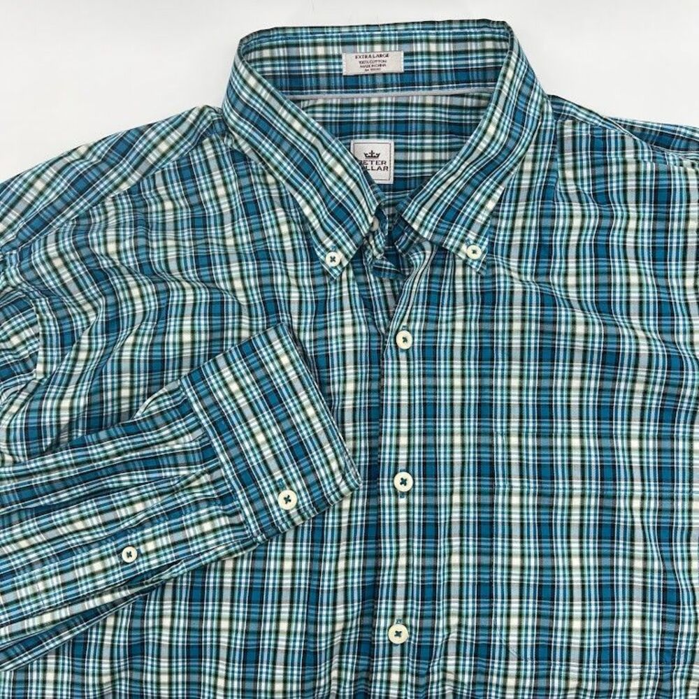Peter Millar Mens size XL Blue Plaid Dress Shirt Long Sleeve 100% Cotton